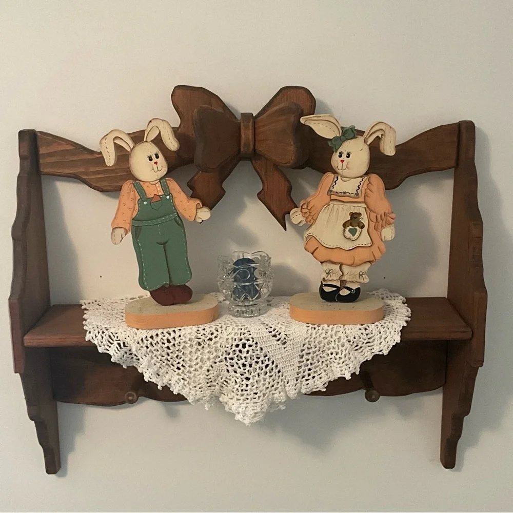 Vintage Wooden Bunny Couple – Hand Painted Folk Art Rabbits(only)